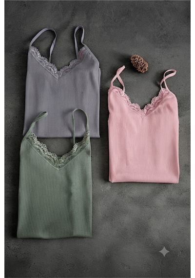 Demirsa Boutique Dantelli İp Askılı Fitilli Ribana Kadın Atlet 3'lü Set Pembe, Mavi Ve Yeşil Renk Pembe-mavi-yeşil Demirsa Boutique Dantelli İp Askılı Fitilli Ribana Kadın Atlet 3'lü Set Pembe, Mavi Ve Yeşil Renk Pembe-mavi-yeşil