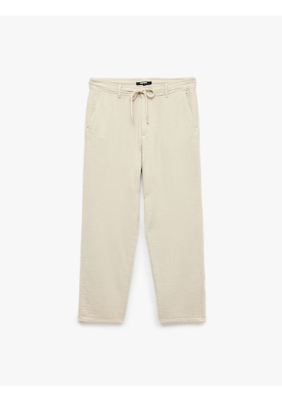 Koton Beli Bağcıklı Düğmeli Cepli Regular Fit Pamuklu Chino Müslin Pantolon Bej 7wam40045hw Ekru