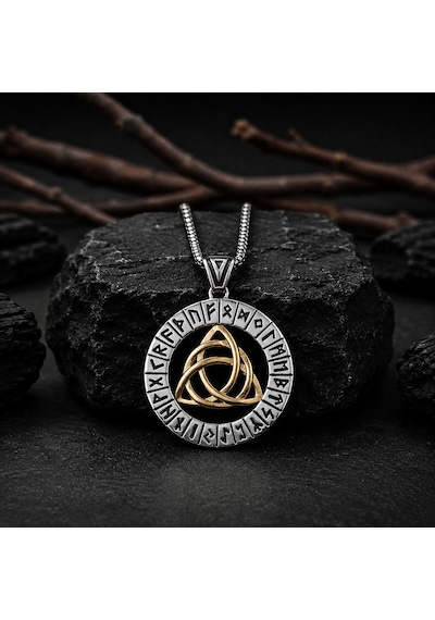 Paslanmaz Çelik Rün Sembolleri İskandinav Triquetra Mitolojik Viking Kolye Altın - Gümüş