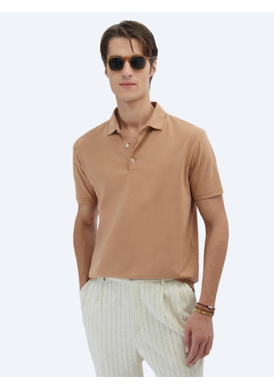 Kip Vizon Düz Polo Yaka %100 Pamuk T-shirt Vizon