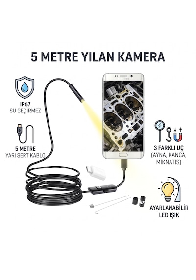 Yılan Kamera 5 Metre - Led Işıklı - Ip67 Su Geçirmez - 3 Farklı Başlıklı