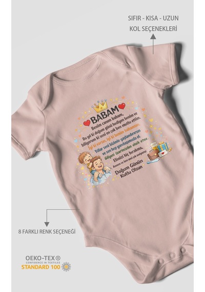 Morivokids Babam Doğum Günün Kutlu Olsun Kısa Kollu Bebek Body %100 Pamuk Pastel Pembe