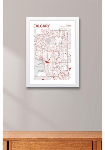 Calgary Kanada Canada Haritası Çerçeveli Tablo Lüks Salon Ofis Duvar Dekorasyonu Hediyelik Tablo Beyaz