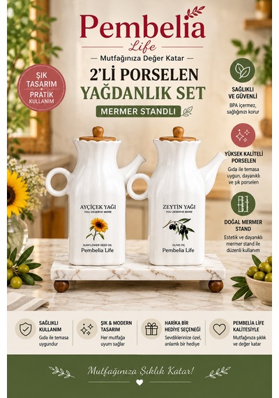 Mermer Standlı Porselen 2 Li 1000 Ml Yağdanlık Set 3 Lü Kare Yağlık Set Ayçiçek Yağı Zeytinyağı Şişesi Beyaz Beyaz