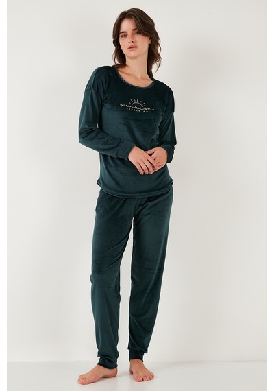 Lela Standart Fit Bisiklet Yaka Yumuşak Kadife Bayan Pijama Takımı 6094201 Nefti