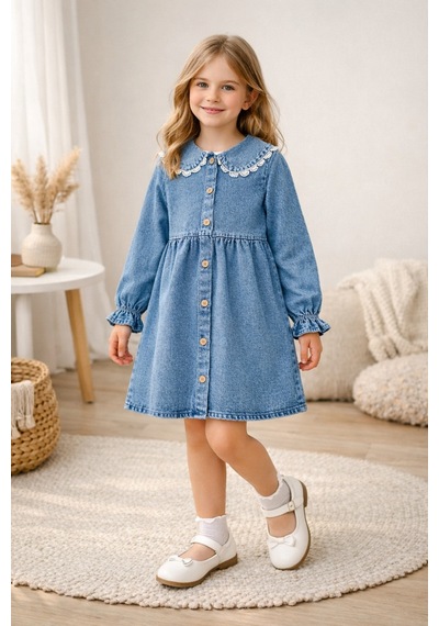 Uğur Bebe Kız Çocuk Dantel Yaka Denim Kot Elbise Uzun Kollu Günlük Şık Premium Çocuk Elbisesi Mavi Mavi Uğur Bebe Kız Çocuk Dantel Yaka Denim Kot Elbise Uzun Kollu Günlük Şık Premium Çocuk Elbisesi Mavi Mavi