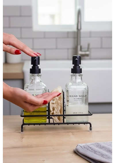 Buççin Online Mağaza Stantlı Kare İkili Cam Sabunluk Seti Şık Mutfak Ve Banyo Sıvı Sabunluk Siyah - Beyaz Metal Stand C Çok Renkli