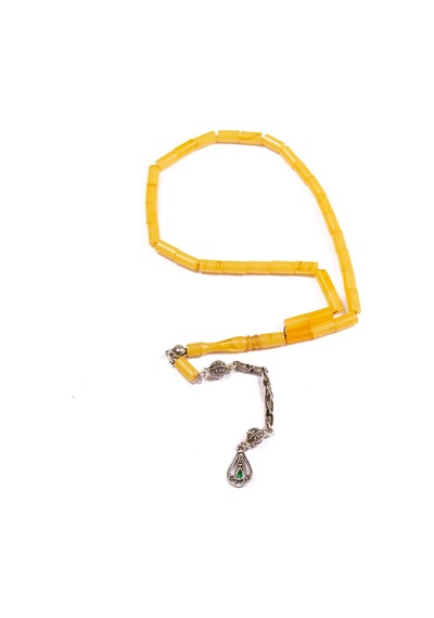 Burhan Sağlam Kesme Kesim 10x6 Mm Sıkma Kehribar 34 Cm Alpaka Püsküllü Tesbih Bs24407