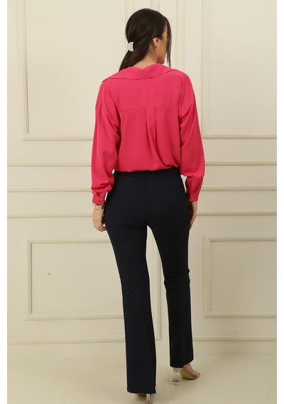 By Saygı Yüksek Bel Cepli En Boy Likra İspanyol Paça Pantolon-36202-lacivert Lacivert