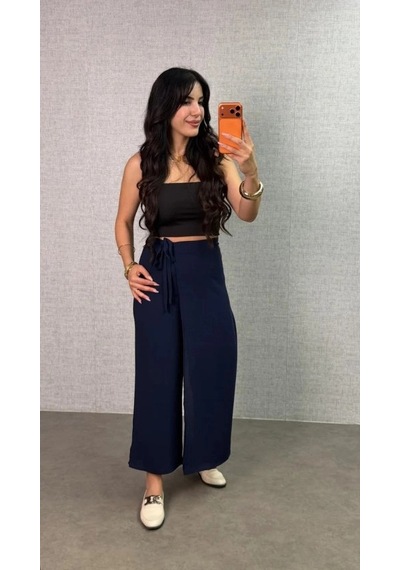 DefyModa Kadın Beli Lastikli Bağcık Detay Aerobin Kumaş Etek Pantolon Lacivert