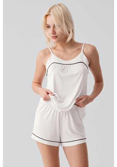 Artış Collection Askılı Biyeli Likralı Esnek Viskoz Soft Şortlu Pijama Takım 19216 Ekru