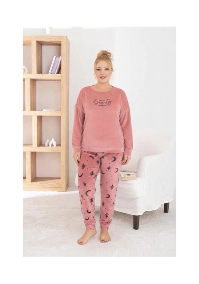 Pijamoni Kadın Büyük Beden Yumuşak Kadife Kouı Pudra Pijama Takımı Koyu Pudra