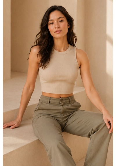Loule Kadın 3'lü Bisiklet Yaka Kolsuz Crop Top Beyaz-bej-kahverengi Çok Renkli