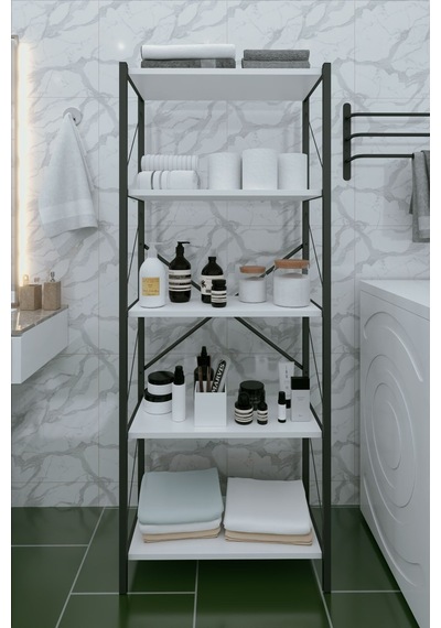 Banyo Dolabı Banyo Düzenleyici Modern Banyo Rafı 5 Raflı Dekoratif Raf 180 Cm Beyaz