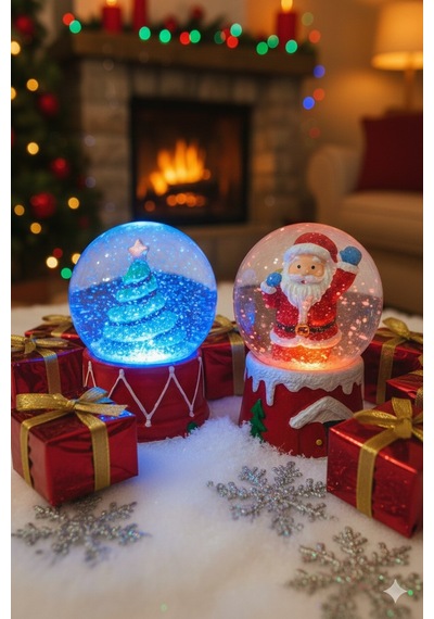 Yılbaşı Çam Ağacı & Noel Baba Kar Küresi 2 Li Set Led Işıklı 6,5 Cm Yeni Yılın En Güzel Hediyesi Çok Renkli