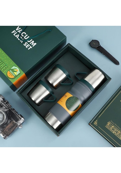 Thermohis 6158 Çelik Termos 3 Bardaklı Set Kırmızı