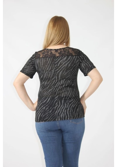 Moda Berray 3284 Sırtı Dantel Detaylı Viskon Penye Desenli Bluz Siyah-krem