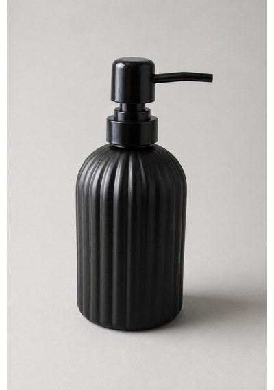 Vovy Çizgili Cam Sabunluk 500 Ml Siyah Pompalı Modern Sıvı Sabun Ve Deterjan Dispenseri - 18,5 Cm X 7 Cm