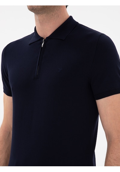 Lacivert Slim Fit Fermuarlı Polo Yaka Triko T-shirt