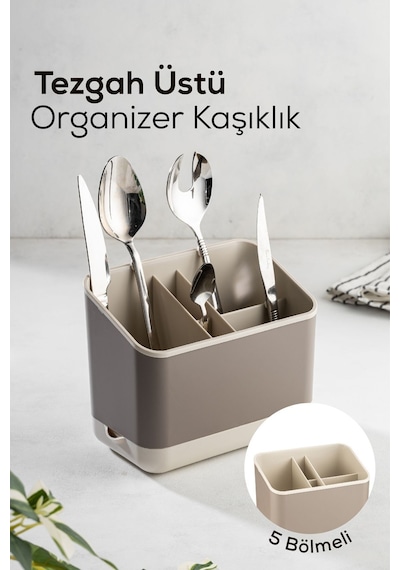 Vienev Tezgah Üstü Kaşık Düzenleyici 5 Bölmeli Organizer Kaşıklık Bej