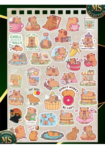 Capybara Sticker Seti 35 Li A5 2 Sayfa Suya Dayanıklı Laptop Telefon Etiket