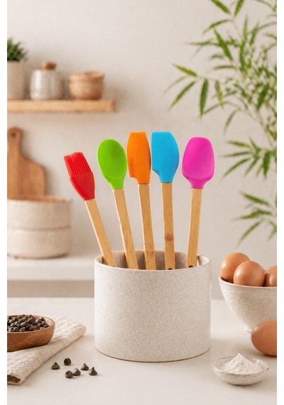 5'li Silikon Ve Bambu Saplı Mutfak Gereçleri Seti-spatula,fırça Servis Maşa Seti Çok Renkli