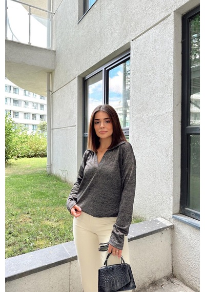 WeShaya Kadın Antrasit Polo Yaka Basic Bluz, Uzun Kol, Regular Kesim, Günlük Ve Spor Sweatshirt Antrasit