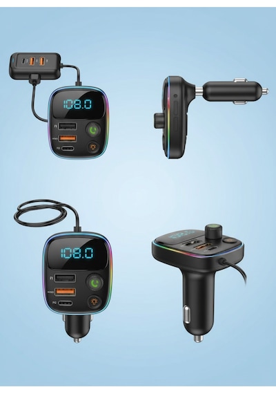 Pd 30w Hızlı Şarj & Rgb Led Işıklı Araç Fm Transmitter 6 Multi-port 5v 3.1a Usb 1m Kablolu
