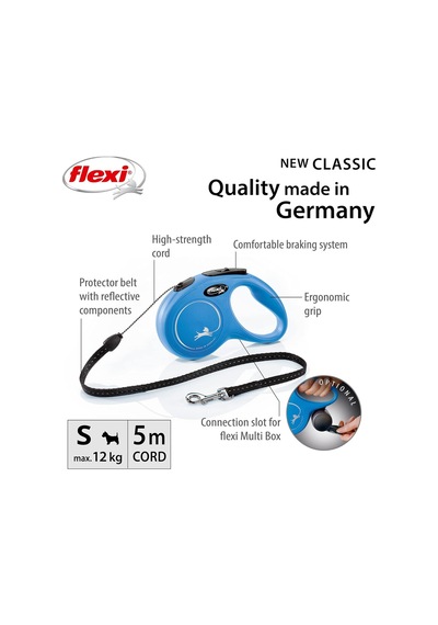 Flexi New Classic S Beden Mavi 5mt İpli Tasma Çok Renkli