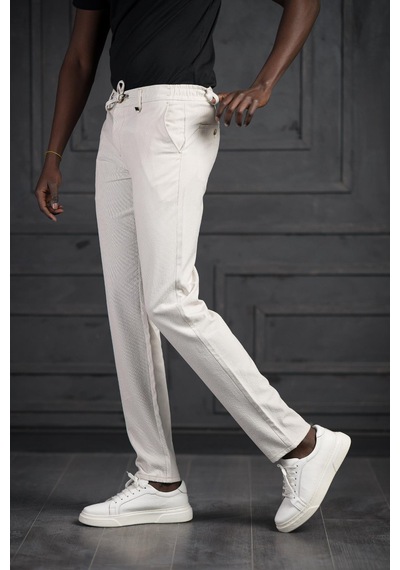 Perpant Slimfit Beli Lastikli Ve İplikli Likralı Çizgili Jogger Pantolon Krem