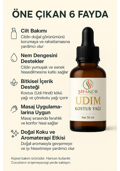 Şifakür Udim Udi Hindi Kostus Cilt Bakım Yağı Doğal Saf Bitkisel Formül 50ml