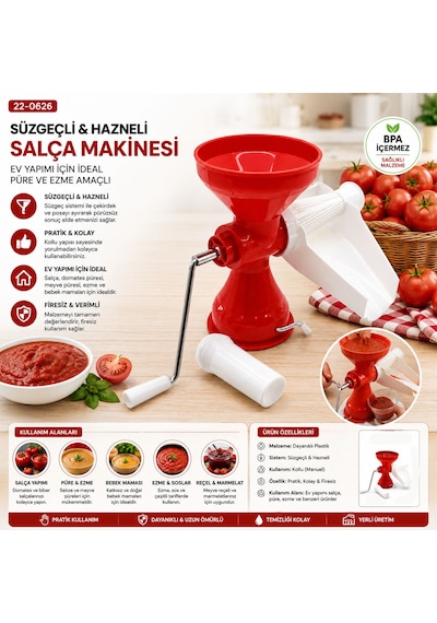 Plastik Süzgeçli - Hazneli Salça Makinesi Metal Kollu Ev Yapımı Firesiz Pratik Kullanım Brkt-312007 12v