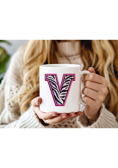 V Harfi Zebra Deseni Ve Pembe Kenarlı Kupa Bardak - Kişiye Özel Nakış Efektli - Siyah Beyaz Pembe Beyaz