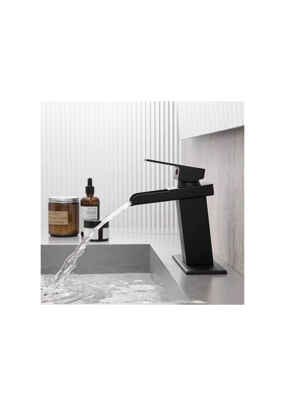 Rena Design Lavabo Bataryasi Mat Siyah Şelale Kare Gövde Eğimli Havza Banyo Armatür Çift Giriş Lüks Ergonamik