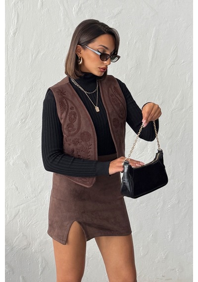 Verymoda Nakışlı Scuba Süet Yelek I F2001 Taba