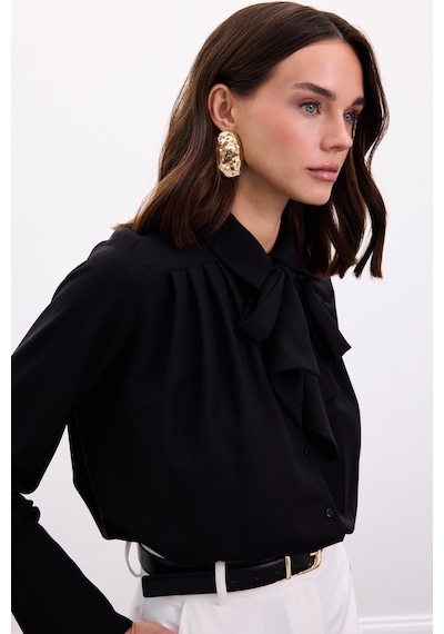 Sateen Fularlı Gömlek - Siyah-136899 Siyah