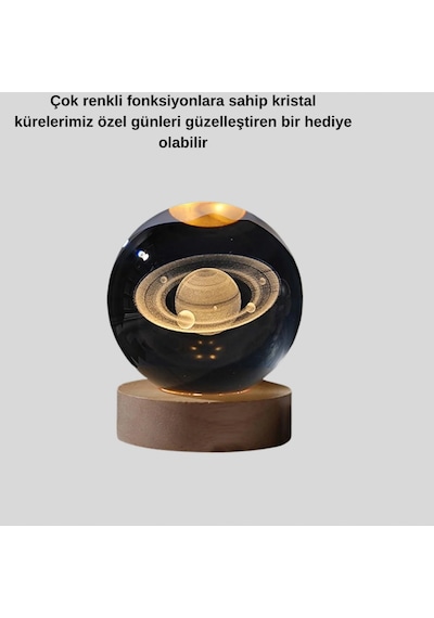 Satürn Desenli Kristal Küre Led Gece Lambası Ahşap Standlı Renkli