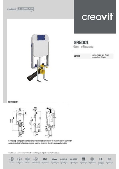 Creavit GR5001 Asma Klozet Uyumlu 3-6 Litre Metal Ayaklı Gömme Rezervuar Beyaz
