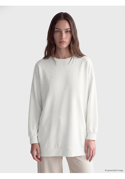 Lcw Modest Beyaz Taşlı Soft Touch Kadın Sweatshirt Tunik