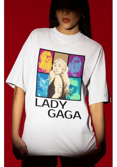 Sevbano Tasarım Lady Gaga Şarkıcı Baskılı Unisex Oversize Tişört Beyaz
