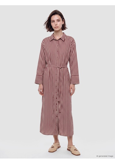Lcw Modest Bordo Beli Kuşaklı Çizgili Gömlek Elbise
