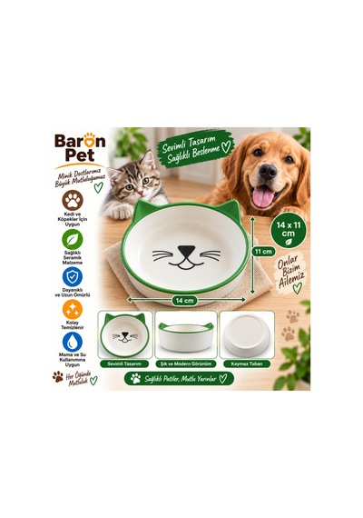 Pet Kedi Köpek Seramik Mama Ve Su Kabı 14x11 Cm Kedi Kulaklı Oval Kaymaz Tabanlı - Yeşil
