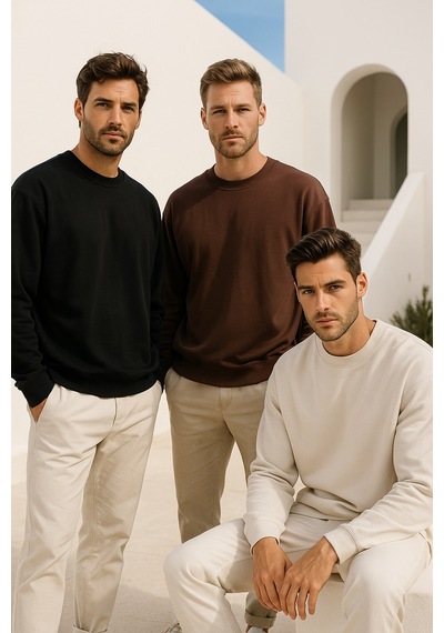 Rich Erkek 3'lü Paket Siyah - Kahverengi - Krem Bisiklet Yaka Scuba Sweatshirt Siyah