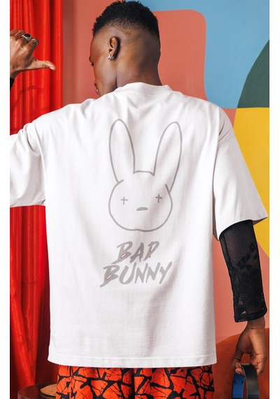 Sevbano Bad Bunny Rapper Şarkıcı Sırt Baskılı Unisex Oversize Tişört Beyaz