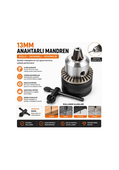 13 Mm Anahtarlı Mandren Metal Matkap Mandreni Mandren Anahtarı Dahil