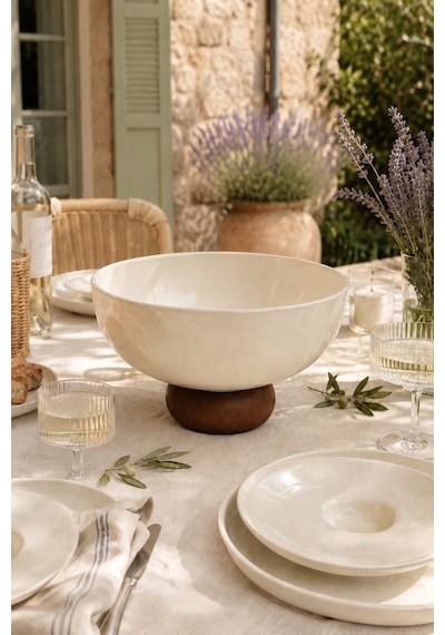 Ayaklı Seramik Salata Kasesi 19 Cm Ahşap Tabanlı Meyvelik Ve Servis - Sunum Kasesi Krem - 890571069