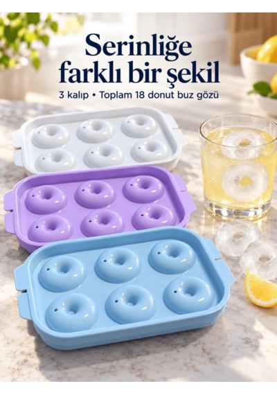 3'lü Donut Buz Kalıbı Kapaklı 6 Bölmeli Kolay Doldurulabilir Yapışmaz Basitçe Çıkarılır Yeni Nesil Buzluk Sunum Buz Kalıbı Çok Renkli