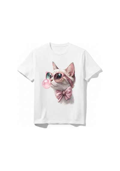 Urbantrendstore Kedi Temalı Funny Sevimli Tatlı Unisex Kız Çocuk Bisiklet Yuvarlak Yaka Basic Kısa Kollu %100 Pamuk Tişört Beyaz