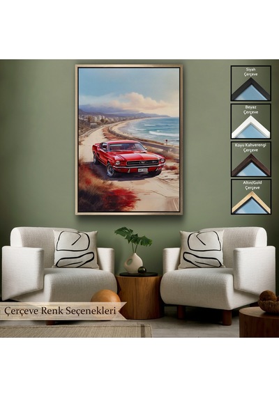 Ahşap Çerçeveli Sahil Kebuyologknvındaki Kırmızı Mustang Tablo-7770