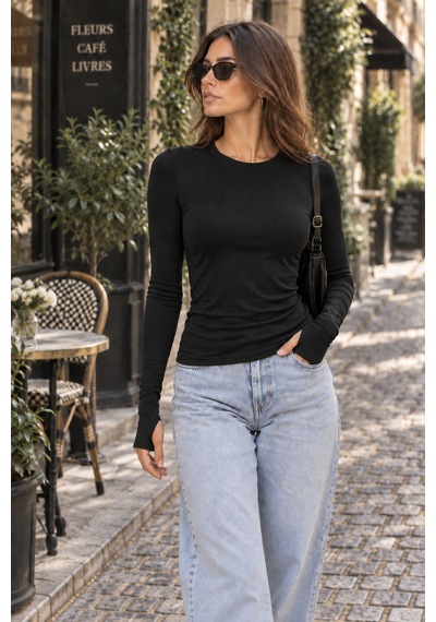 Lılac Kadın %100 Viskon Parmak Geçirmeli Bisiklet Yaka Siyah Basic Body Siyah Siyah